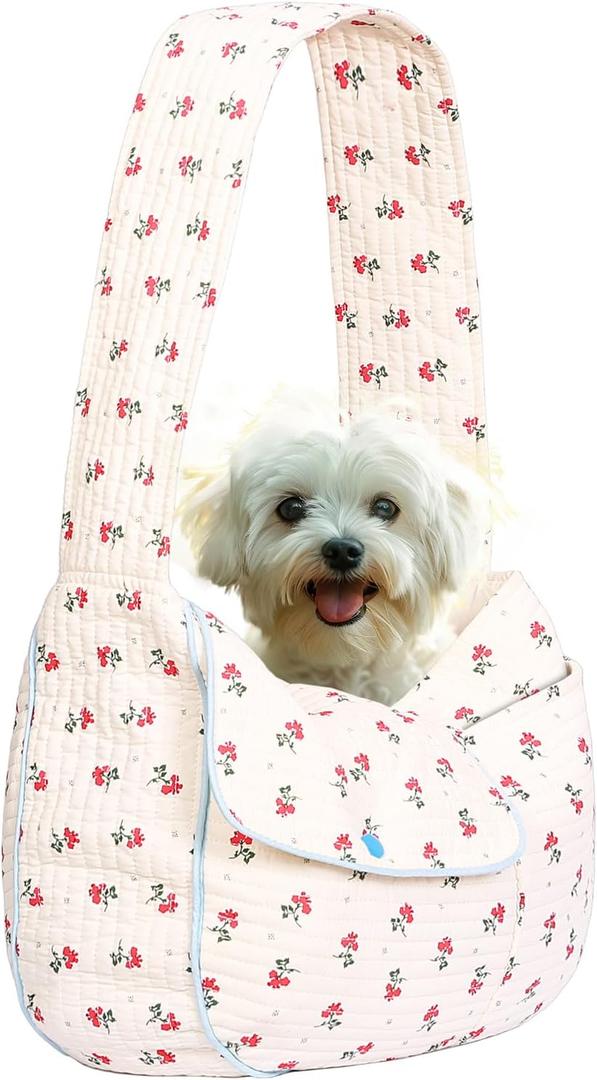 Flower Pet Sling Carrier for Small Dogs and Cats, Breathable Cotton Cats Carrier PurseFloral Print Puppy Bag 5-10 Lbs, Hand Free Travel Chest Cat Sling, Gifts for Pet Mom GirlsWhite, Small
