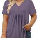 VISLILY 2Xl Womens Tops Plus Size Summer Pleated V Neck Button Up Short Sleeve Henley T Shirts Rose Red (XXL)