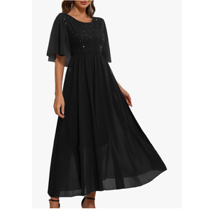 Women's Wedding Guest Long Dress Cocktail Party Formal Cape Ruffle Sleeve Chiffon Lace Sequin Dress, S Women's Wedding Guest Long Dress Cocktail Party Formal Cape Ruffle Sleeve Chiffon Lace Sequin Dress, S