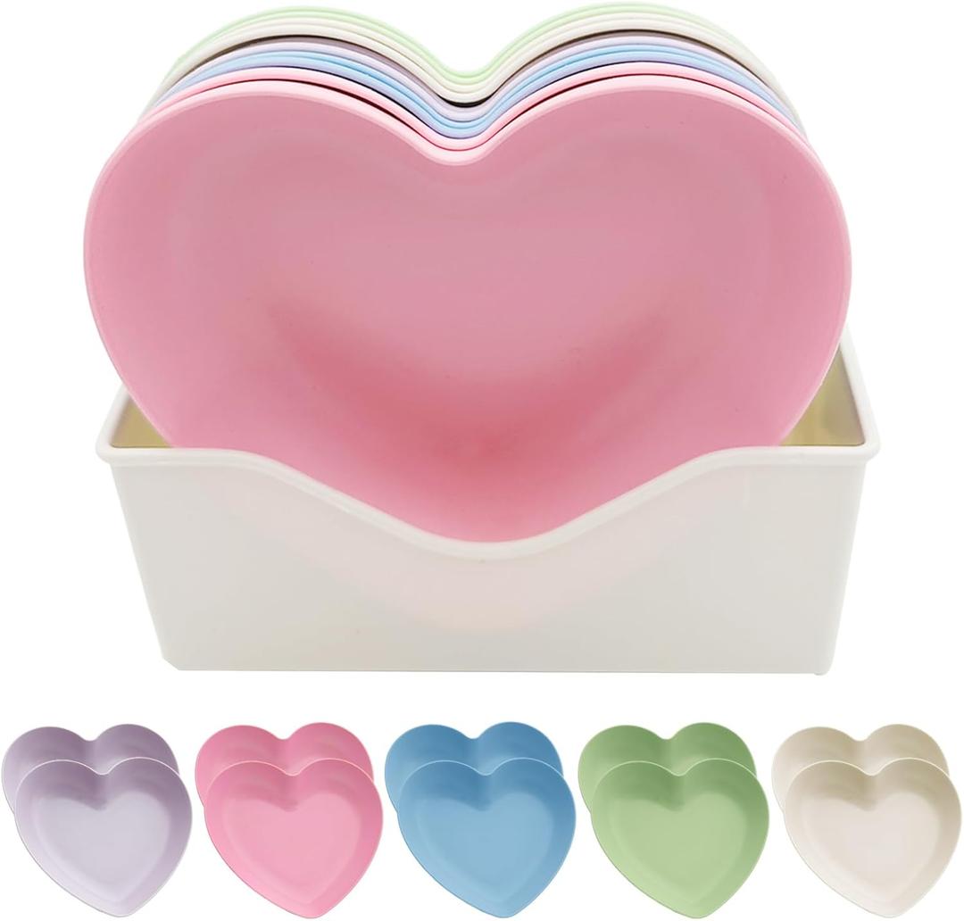 10pcs Multi-color Heart Shaped Plates with Tray, 5 x 5.5 Inch, Unbreakable Salad Dessert Snack Plates Appetizer Sauce Dish Dipping Snack Fruit Dessert Steak Serving for Dinner, Party, Valentine's Day