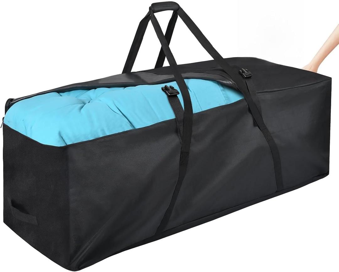 Large Outdoor Cushion Storage Bag 60in (152 Gallon), Upgraded Wide-Opening 600D Oxford Water-Resistant Patio Furniture Cushion Storage Bags with Protective Zipper and Padded Handle, Black