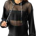 Verdusa Women's Sexy See Through Fishnet Long Sleeve Drawstring Hoodie Top Sweatshirt (Large)