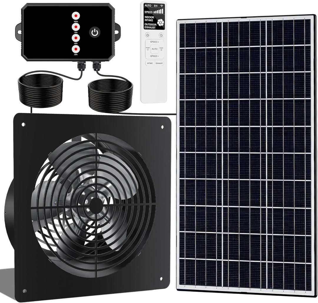 10-Inch 15W Solar Fan with Timer & Remote, Reversible Intake Exhaust Vent System for Chicken Coop, Greenhouse & Shed, Aluminum 6-Speed Airflow with 17ft Cable