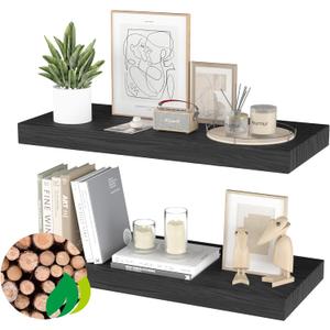 Floating Shelves for Wall - 32 x 9 Inch Natural Wood Shelves for Bathroom, Bedroom, Kitchen Decor, Farmhouse Decor Set of 2, Black (32", Black)
