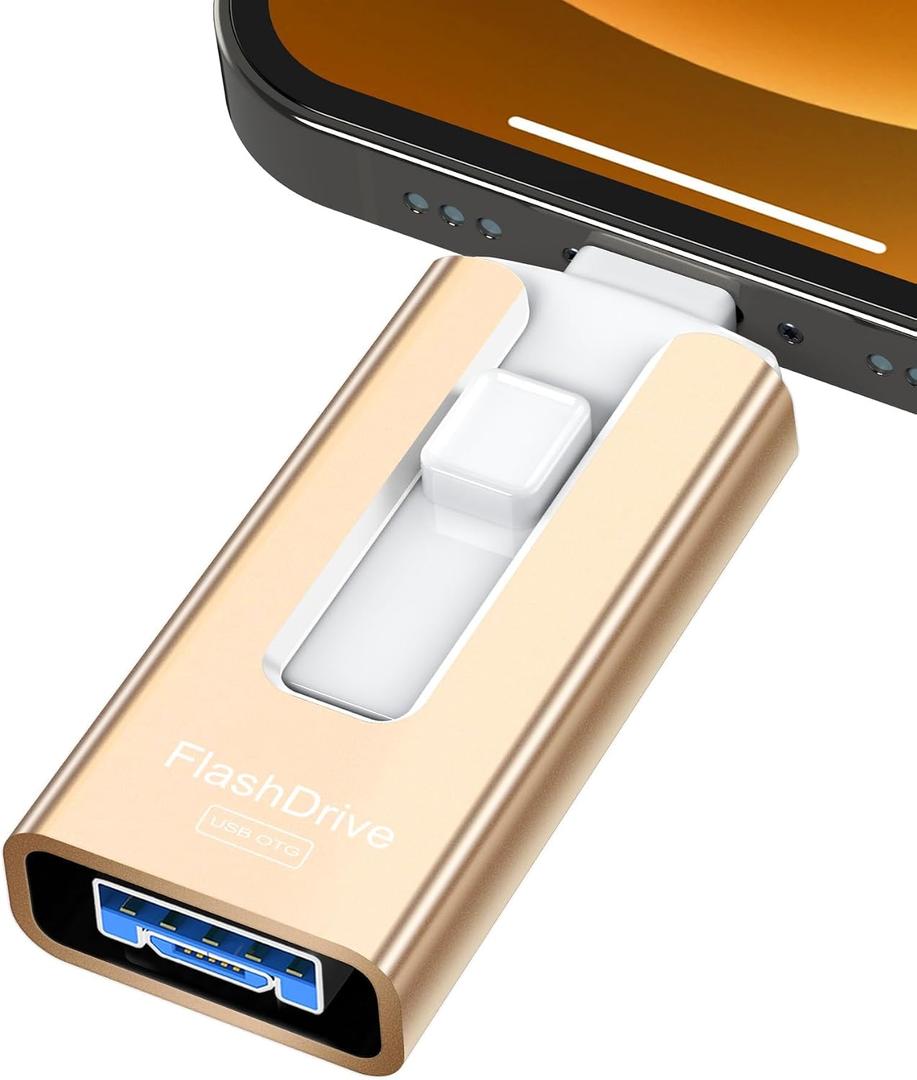 GNASEET 256GB USB Flash Drive for Phone and Pad, Photo Stick High Speed External USB Thumb Drives Photo Storage Memory Stick for Save More Photos and Videos (Gold, 256GB)
