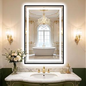 Led Bathroom Mirror with Light, 36x24 Bathroom Vanity Mirror for Wall with Frame, Anti-Fog, Dimmable 3 Colors, Memory Function, Backlit and Front Lit, Shatter-Proof Glass, Plug-in/Hardwired