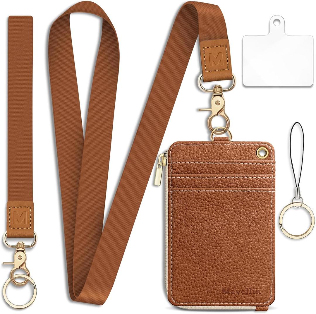 Lanyard Wallet with Id Badge Holder, Brown RFID Small Keychain Wallet Women Wristlet, Minimalist Zipper Credit Card Holder Phone Wrist Neck Strap for Key Name Tag, Teacher Student Office Gift
