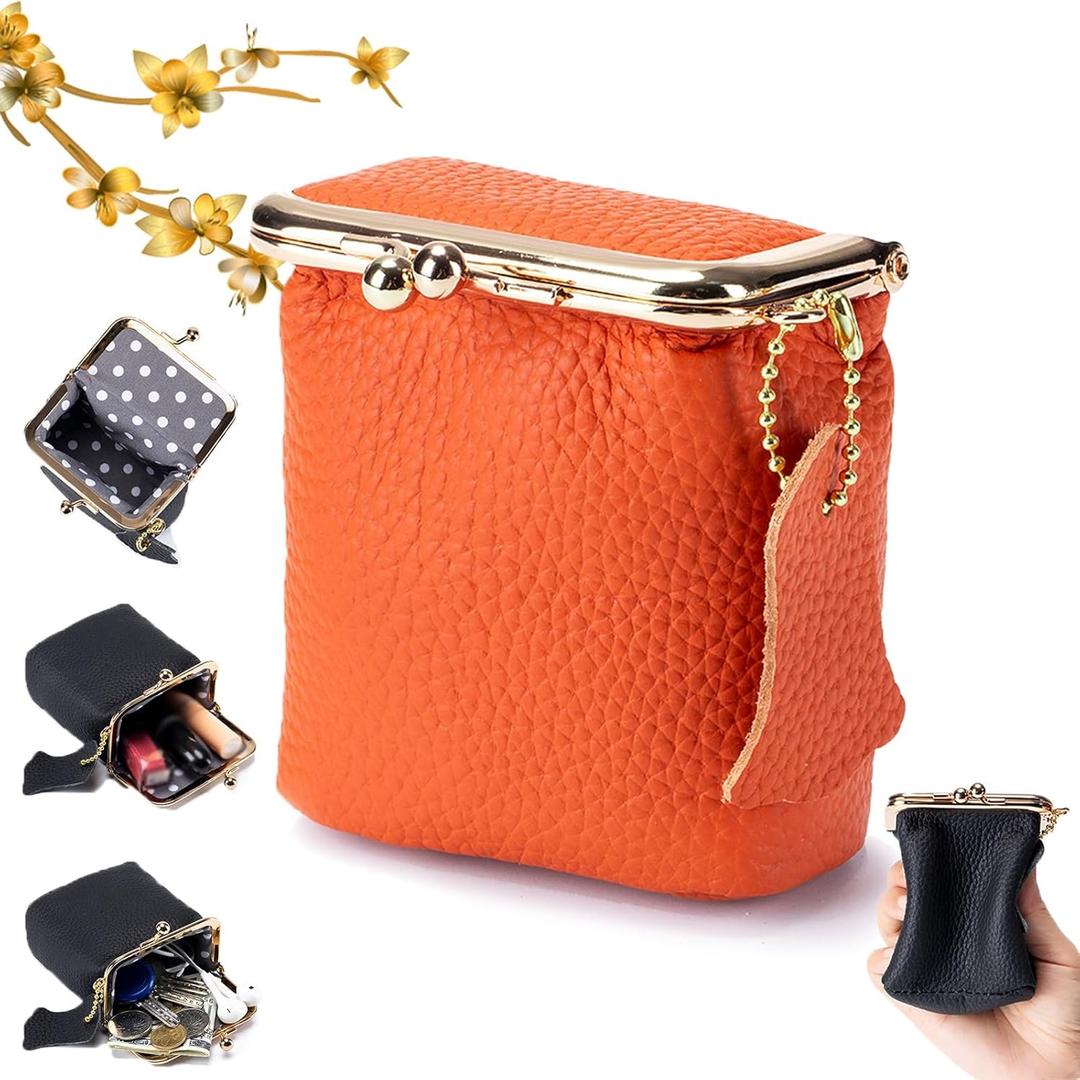 Genuine Leather Mini Jewelry Box, Portable Genuine Leather Mini Coin Jewelry Purse, Vintage Travel Jewelry Case Organizer with Kiss Lock, for Earring, Ring, Necklace Coin or Lipstick(Orange)