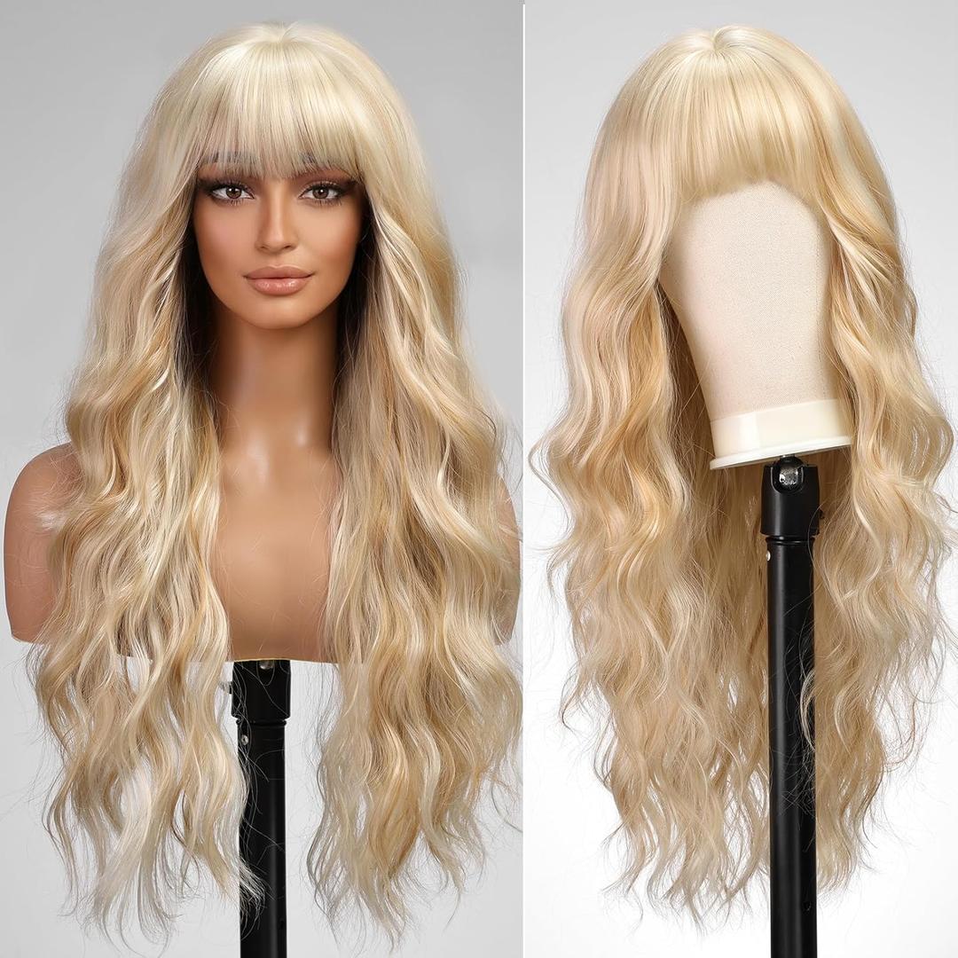 Light Blonde Wigs with Bangs,613 Blonde mixed Long Wavy Wig for Women,Long Curly Synthetic Hair Wig for Party Daily Use 26IN