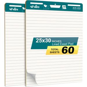 ViVin Lined Sticky Easel Pad, 25 x 30 Inches Flip Chart Paper for Teachers and Students, Large Self Stick Easel Paper, Teacher Anchor Chart, 30 Sheets/Pad, 2 Pads/Pack