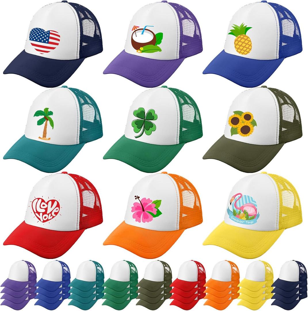 Xtinmee 36 Pcs Unisex Sublimation Hats Blank Trucker Hats Adjustable Baseball Caps for Men Women Outdoor DIY (Large, 9 Colors)