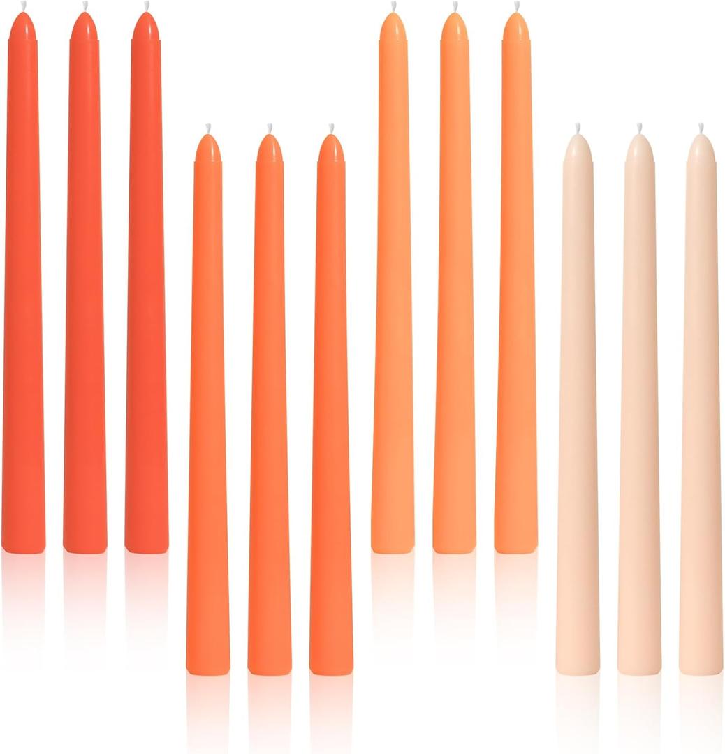 10-Inch Tall Dripless Taper Candles Set of 12 - Tapered Candlesticks - Smokeless, Unscented, Long Burning - Hand Poured, Colored for Home Decor Wedding, Dinner - Orange