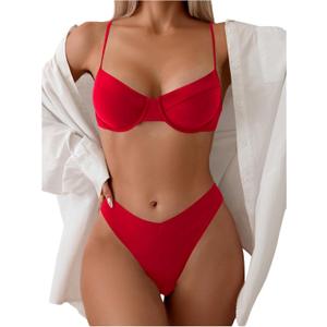 SweatyRocks Women's 2 Piece Bikini Set Spaghetti Strap High Cut Push Up Underwire Swimsuit (Red, Large)