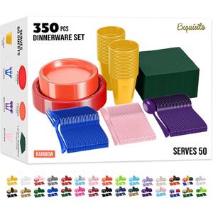 350 Pcs Rainbow Plastic Plates For Party, Rainbow Disposable Plates Set, 50 Of Each 9" Dinner Plate Set, 7" Dessert Plate, Cups, Napkins & Cutlery Plastic Dinnerware Party Solids