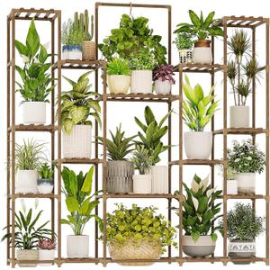 Bamworld Plant Shelf Indoor Hanging Plant Stand Outdoor Large Plant Shelves Tall Flower Holder wooden plant stand for Multiple Plants Plant Rack for Living Room Balcony Decor Garden Clearance Deals 17 Pots Plant Table
