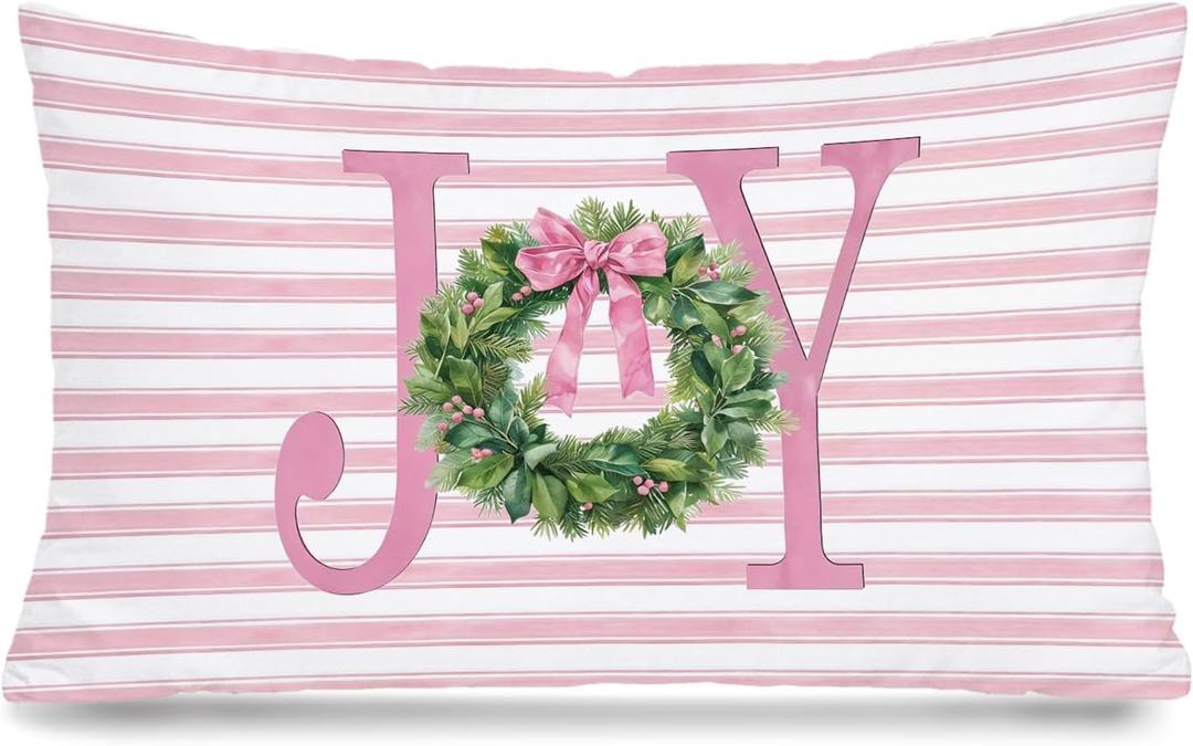 Coquette Pink Bow Christmas Wreath 12x20 Pillow Cover, Preppy Christmas Decor, Girly Pink Striped Joy Xmas Holiday Decorative Throw Pillow Covers Pillowcases for Girls Room Dorm Apartment