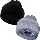 2 Pcs Faux Fur Knit Beanie Winter Satin Lined Beanie Hat Warm Cuffed Plain Hat with Lining for Men Women (Black and Grey)