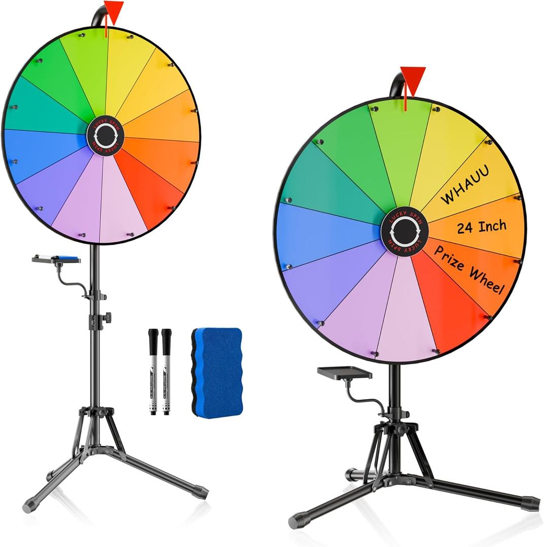 WHAUU 24 Inch Prize Wheel, Spinning Wheel for Prizes with Folding Tripod Stand, 12 Color Slots Dry Erase Spinner with Eraser for Carnival, Trade Show, Party Games, Classroom Activities