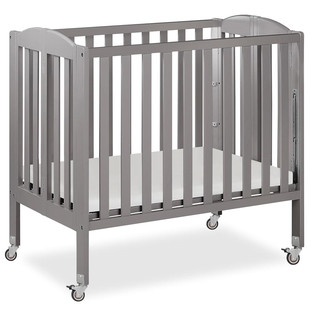 Dream On Me 3-in-1 Portable Folding Stationary Side Mini Baby Crib in Steel Grey & Mattress, Green Guard Gold & BSA, Use as Changer & Playpen, Locking Wheels, 3 Mattress Heights, Extra Firm Mattress