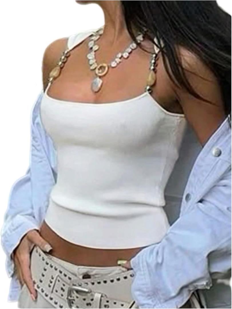 SHENHE Women's Y2K Beaded Tops Chain Scoop Neck Sleeveless Fitted Tank Sexy Going Out Tops (Large, White)
