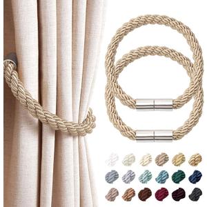 NICEEC 2 Pack Magnetic Curtain Tiebacks Modern Simple Style Drape Tie Backs Convenient Decorative Weave Rope Curtain Holdbacks for Thin or Thick Home & Office Window Draperies (Khaki)