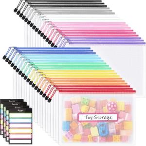 Sooez 36 Pack Mesh Zipper Pouch with Sticky Labels, A4 Mesh Bags, Toy Storage Board Game Puzzles Organization, Sturdy Letter Size File Folders Organizer for Teacher School Classroom Office Supplies