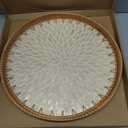 i-lan 16 Inch Round Mother of Pearl Inlay Rattan Platter Tray,Rattan Coffee Bread Serving Tray with MOP Inlay Wooden Base,Decorative Wicker Basket for Table Decor,Storage of Fruit,Candy