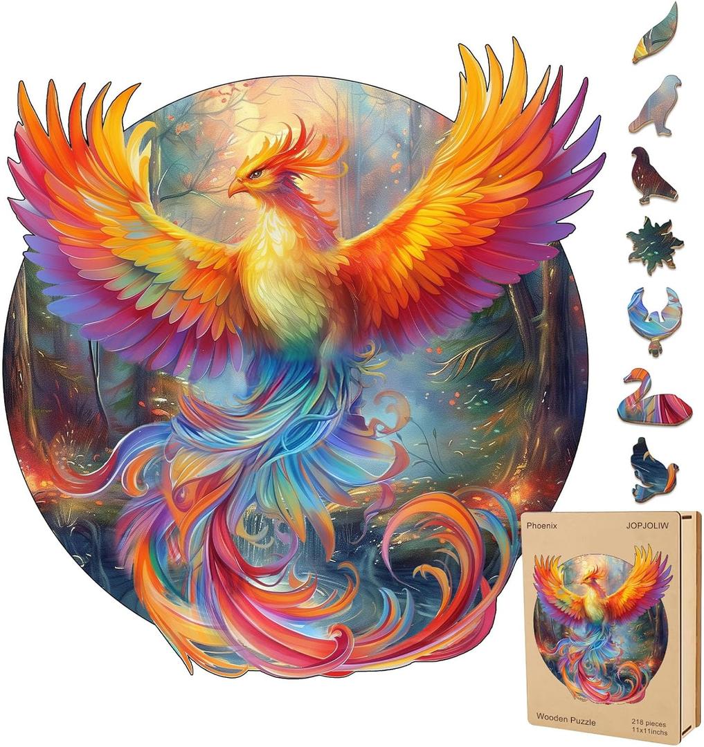 Phoenix Wooden Puzzles for Adults, Jigsaw Puzzle 200 Pieces, Unique Shape Puzzles with Wooden Box, Family Game Gift, Fun Challenging Puzzle for Adults (11.2in)