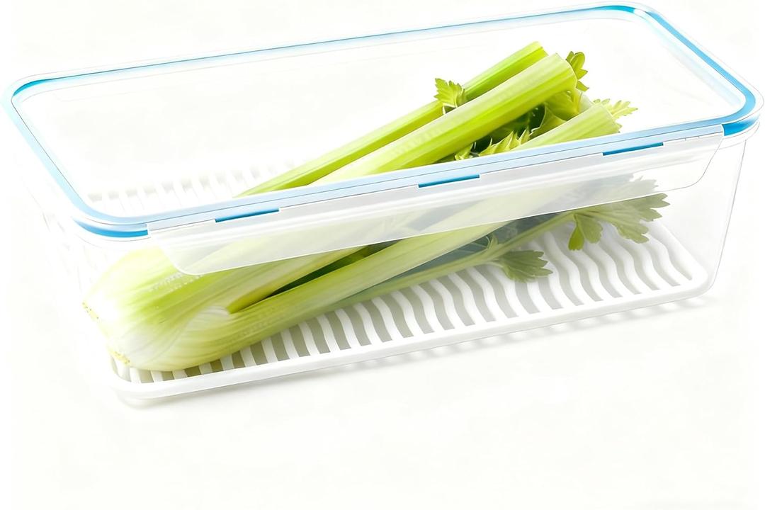 Celery Keeper for Refrigerator  14 Inch Airtight Vegetable Container with Draining Tray, 3.5L Produce Storage Box with Snap Lock Lid, Long Food Bin for Celery, Carrots, and Greens