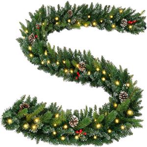 ANOTHERME 9Ft Pre-Lit Christmas Garland Artificial Xmas Indoor Outdoor Decoration, Garland with Battery Operated Timer for Home Stairs Fireplaces Walls, PE Mixed Branches with Pine Cones Red Berries