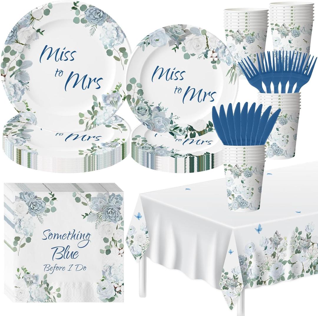 145 Pcs Something Blue Before I Do Bridal Shower Decorations Dusty Blue Floral Disposable Paper Plates and Napkins Tableware Set for 24 Guests, Miss to Mrs Decorations for Wedding Engagement Party