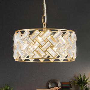 Gold Crystal Chandelier 4-Light, 12" Modern Drum Pendant Light, Small Semi Flush Mount Ceiling Light Fixture for Foyer, Entryway, Kitchen Island, Dining Room, Bedroom, Hallway