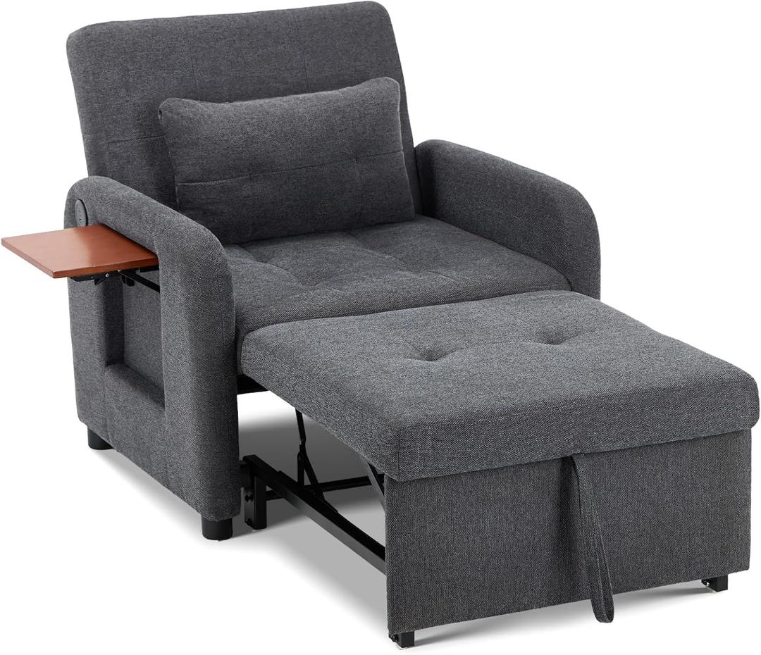 COLAMY Convertible Sleeper Chair-Fabric Futon Sofa Bed, Single Sleeper Sofa, Small Couch Bed with USB Port, Foldable Table, Pillow, Adjustable Backrest for Dorm/Bedroom/College Darkgrey (Dgy)
