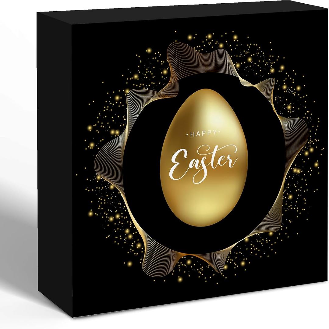 Gold Happy Easter Egg Wooden Box Sign Desk Decor, Luxury Black and Golden Easter Decorative Wood Signs for Home Office Desk Shelf Table Decorations, 5x5 Inch