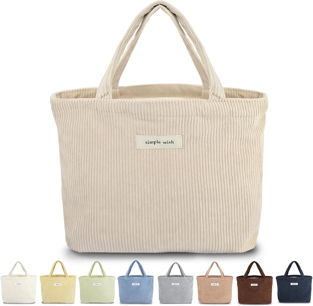 Sminra Corduroy Small Tote Bible Bag for Women, Mini Daily Handbag Cute Aesthetic for Book, Essential, Water Bottle Organizer (Khaki)