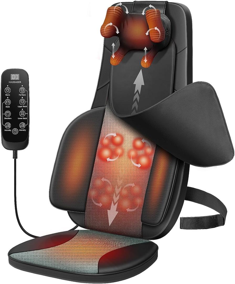 Flekzo Shiatsu Back Massager Chair Pad with 4-Zone Heat, Deep Tissue Kneading & Rolling, 6-Point Finger-Grip Neck & Back Massage, Adjustable Height, Office Chair & Recliner Seat Cushion, Black