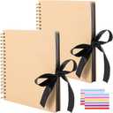 2 PCS 10 x 10 Inch 100 Pages DIY Scrapbook Album, Brown Hardcover Black Paper Spiral Scrapbook Journal with Ribbon and Corner Stickers, Blank Photo Album Bulk for Anniversary Birthday Wedding