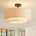 16-Inch Semi Flush Mount Ceiling Light Fixture with Linen Fabric Shade, Modern Drum Light Fixture 3-Light Bedroom Lights for Ceiling, Farmhouse for Living Room, Dining Room, Kitchen, Entrance