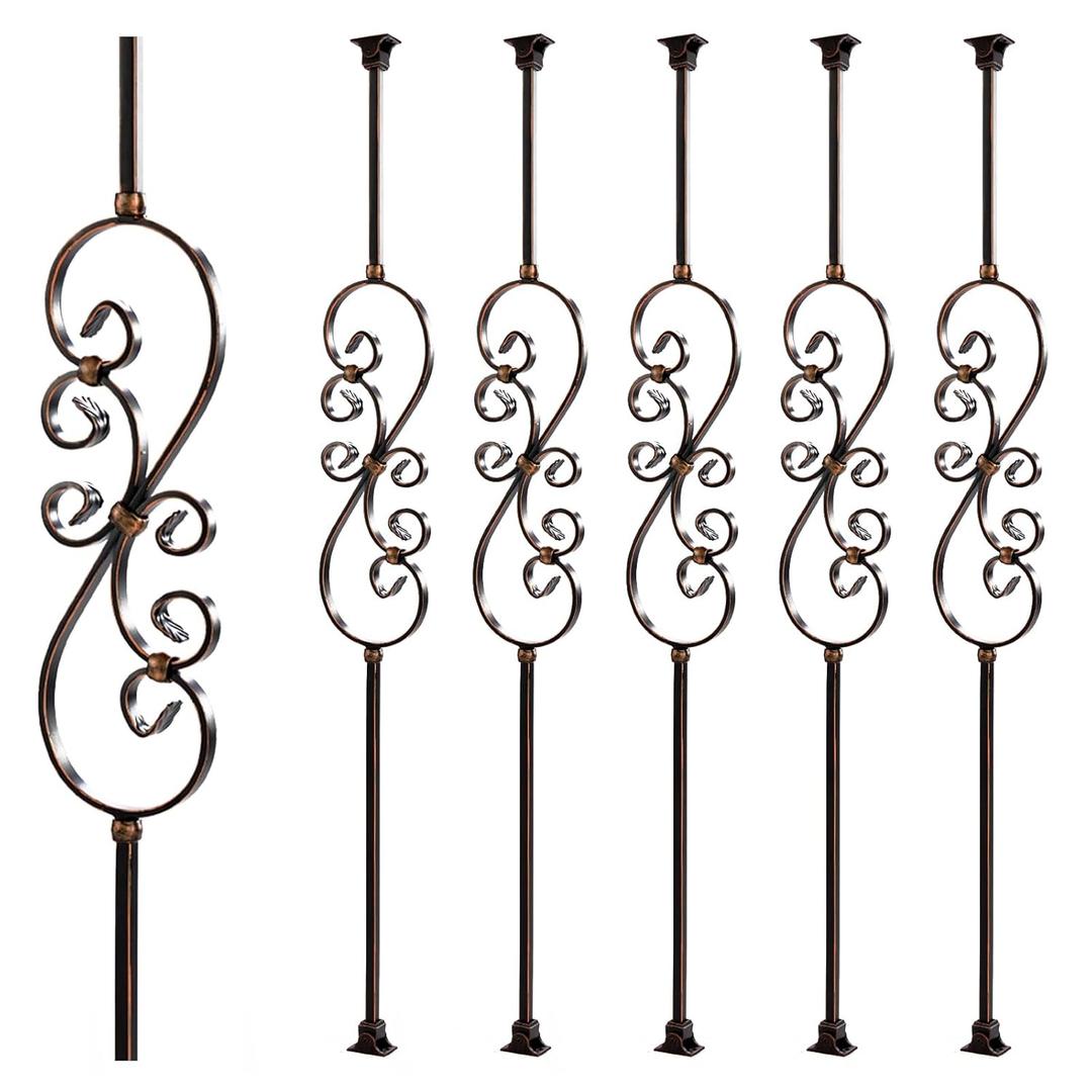 Metal Staircase Balusters 1/2inch x 44inch, Metallic Railing Featuring Radiant Sheen, S-Curve Flower Decoration Iron Balusters and Swivel Shoes Oil Rubbed Copper (Oil Rubbed Copper, S-Curve 5pk)