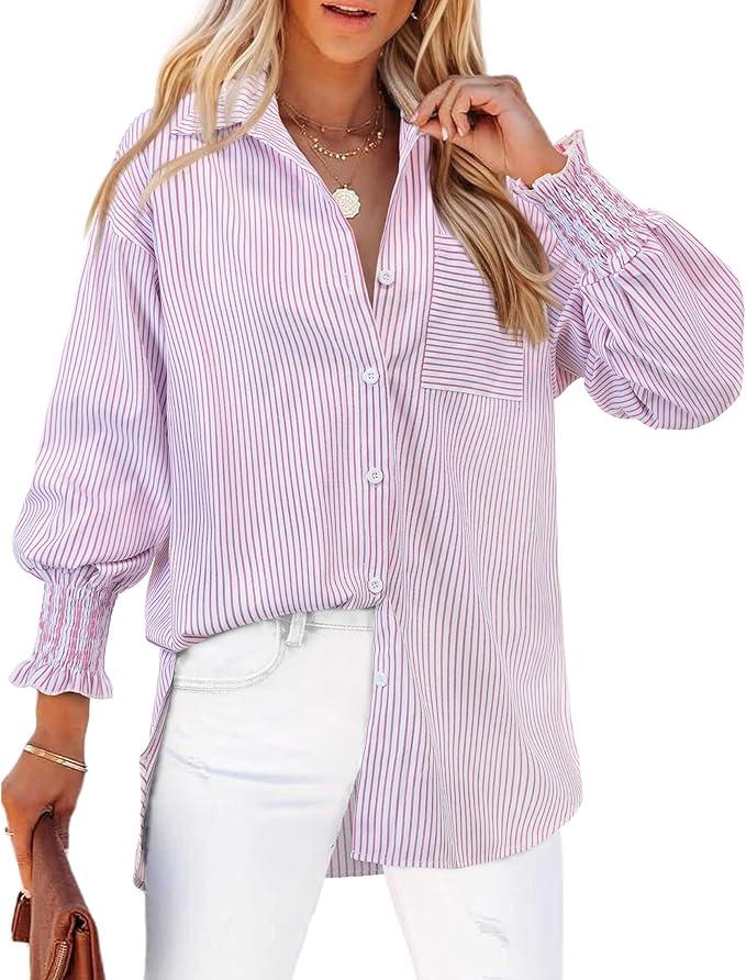Women's Striped Button Down Shirts Long Sleeve Smocked Cuffed Oversized Boyfriend Blouses Collared Work No Pockets Tops SMALL