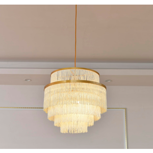 5 Tiers Boho Chandelier with Fringe,Gold 3-Light Fringe Pendant Light Fixture,Tassle Chandelier for Bedroom,Dining Room,Baby Nursery Lighting Beige