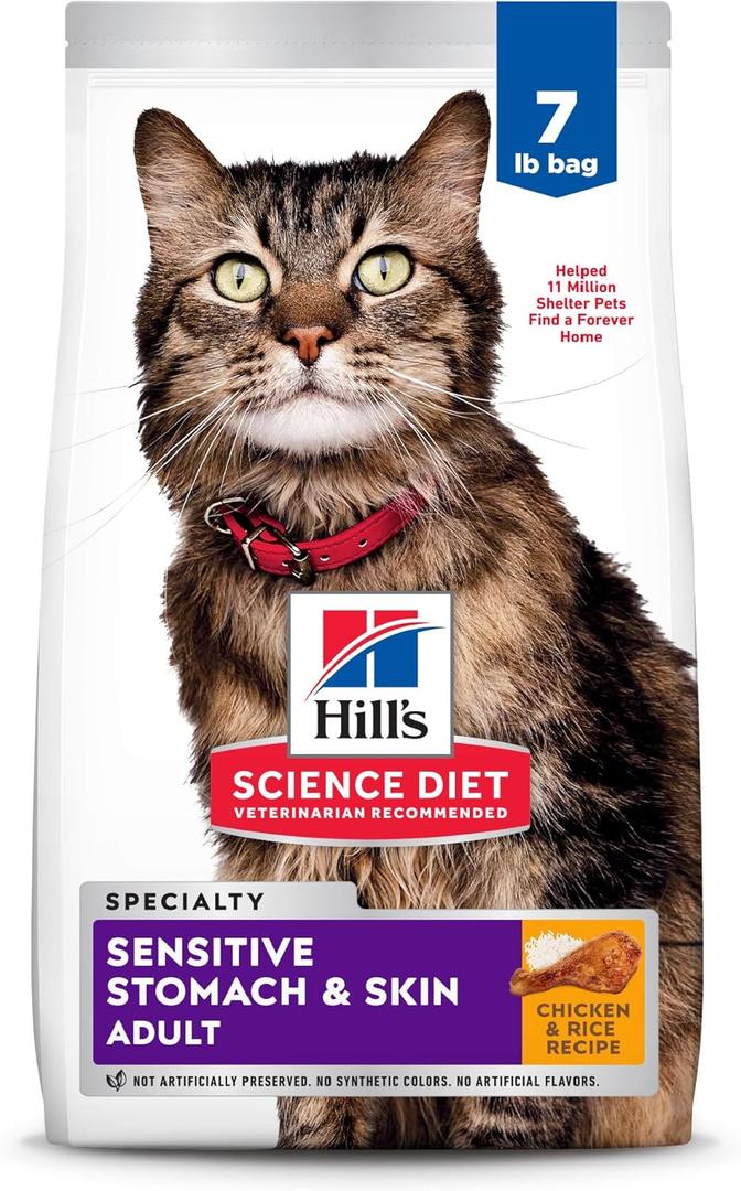 Hill's Science Diet Adult Sensitive Stomach & Skin Dry Cat Food, Chicken & Rice, 7 lb. Bag (Updated Formula) (EXP 11/01/27)