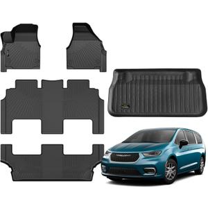 Floor Mats & Cargo Liner Custom for Chrysler Pacifica 2017-2024 2025 Hybrid 7-Seater Touring (Not for Pinnacle) All Weather TPE Rubber Trunk Mat Automotive Floor Liners for Pacifica 2025 Accessories