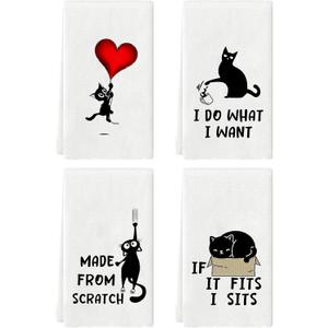 Cat Kitchen Towels Funny Tea Towels Cat Hand Towels for Cat Lovers Cat Dish Towels for Kitchen Cat Kitchen Towel Decorative Set of 4 Cat Bathroom Accessories Housewarming Gifts for Women
