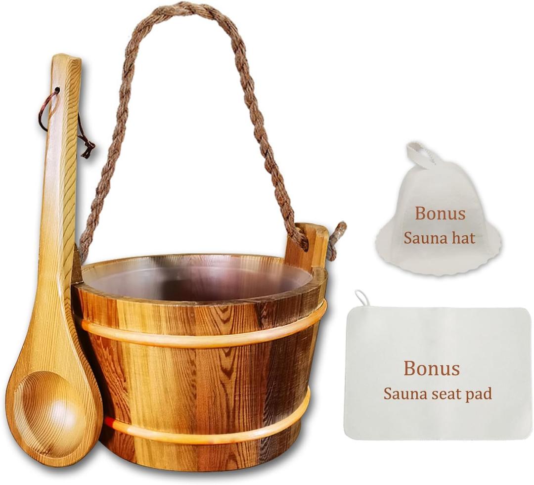 Red Cedar Large Sauna Bucket with Ladle, with Sauna Hat and Seat Pad, Sauna Wooden Water Bucket 6L (1.6 Gallons) with Plastic Liner for Sauna Room Sauna Heater Sauna Accessory