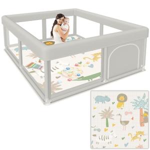 Baby Playpen 50x50 Inch Baby Playpen with Mat, Play Pen for Babies and Toddlers, Playard with Gate, Sturdy Safety Fence, Indoor & Outdoor Kids Activity Center (Grey)