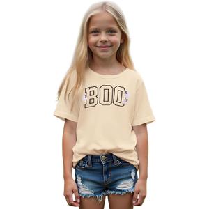 Halloween Shirts for Girl Boy Embroidered Boo Ghost Graphic T-Shirt Kids Funny Spooky Season Short Sleeve Tee Tops (9-10 Years)