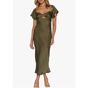 Summer Satin Flutter Sleeve Wedding Guest Dresses for Women Sweetheart Neckline Cutout Tie Back Midi Cocktail Dress, XL, Army