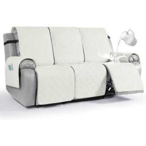 VANSOFY Waterproof Recliner Couch Covers, Sofa Covers 1-Piece Washable Reclining Sofa Cover Non-Slip Furniture Protector with Elastic Straps Pocket for Dogs, Pets(Off White,3 Seater)