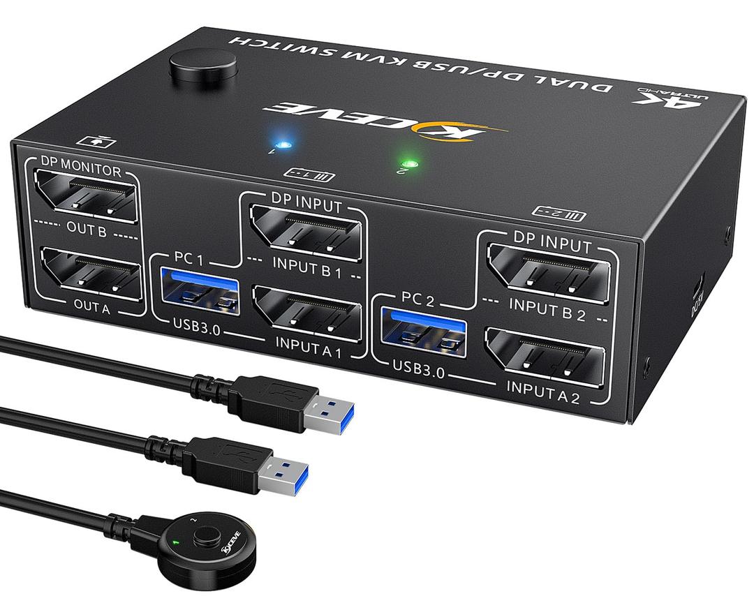 8K USB 3.0 Displayport KVM Switch 2 Monitors 2 Computers 8K@30Hz 4K@144Hz,MLEEDA Dual Monitor Displayport 1.4 KVM Switches with 4 USB 3.0 Port for USB Device,Wired Remote and USB Cables Included